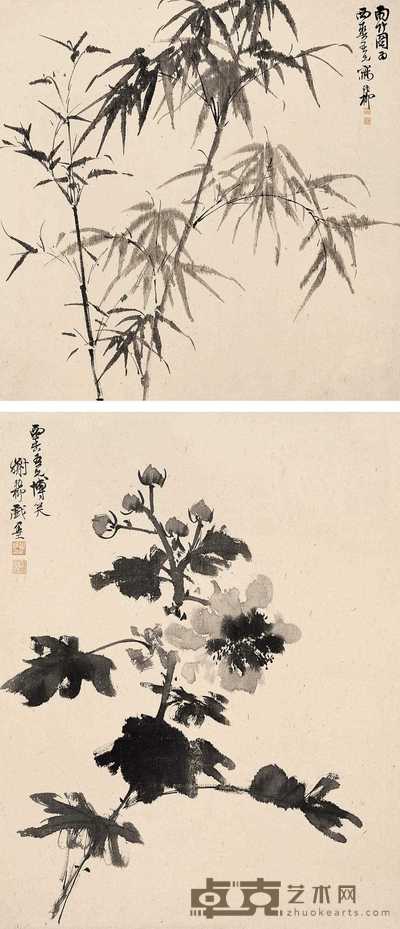 谢稚柳 雨竹图 墨芙蓉(二幅) 镜心 49×49cm×2